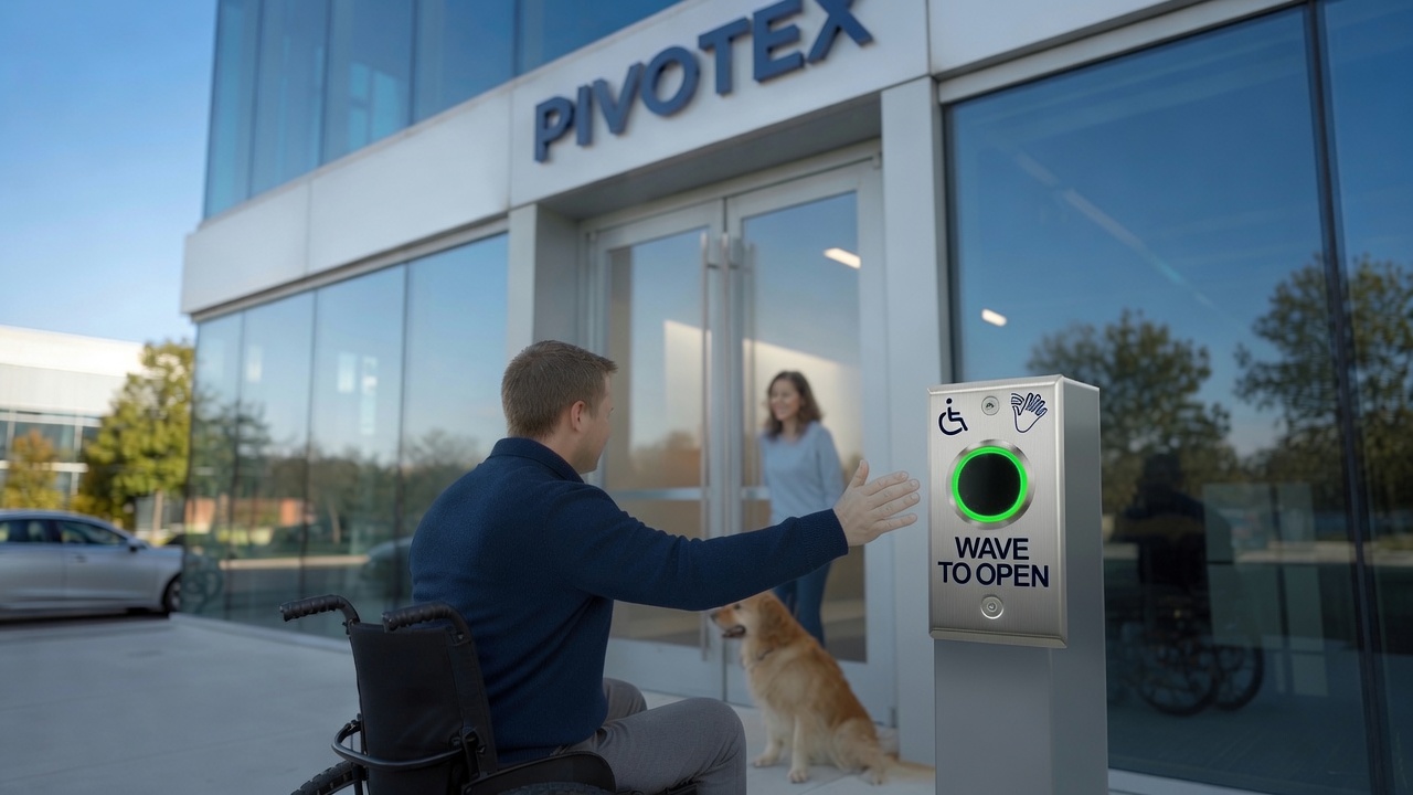 Person in wheelchair using Pivotex Wave to Open door panel at a commercial building