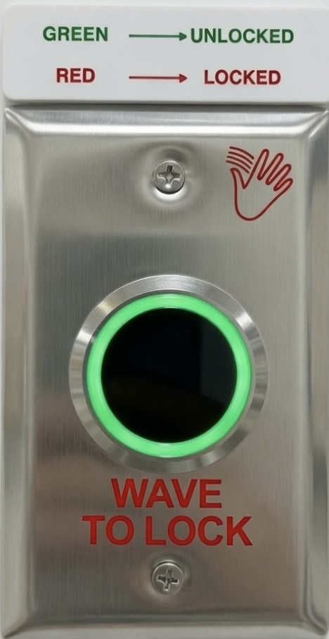 WRIR Wave-to-Open washroom plate — green LED ring, ADA compliant